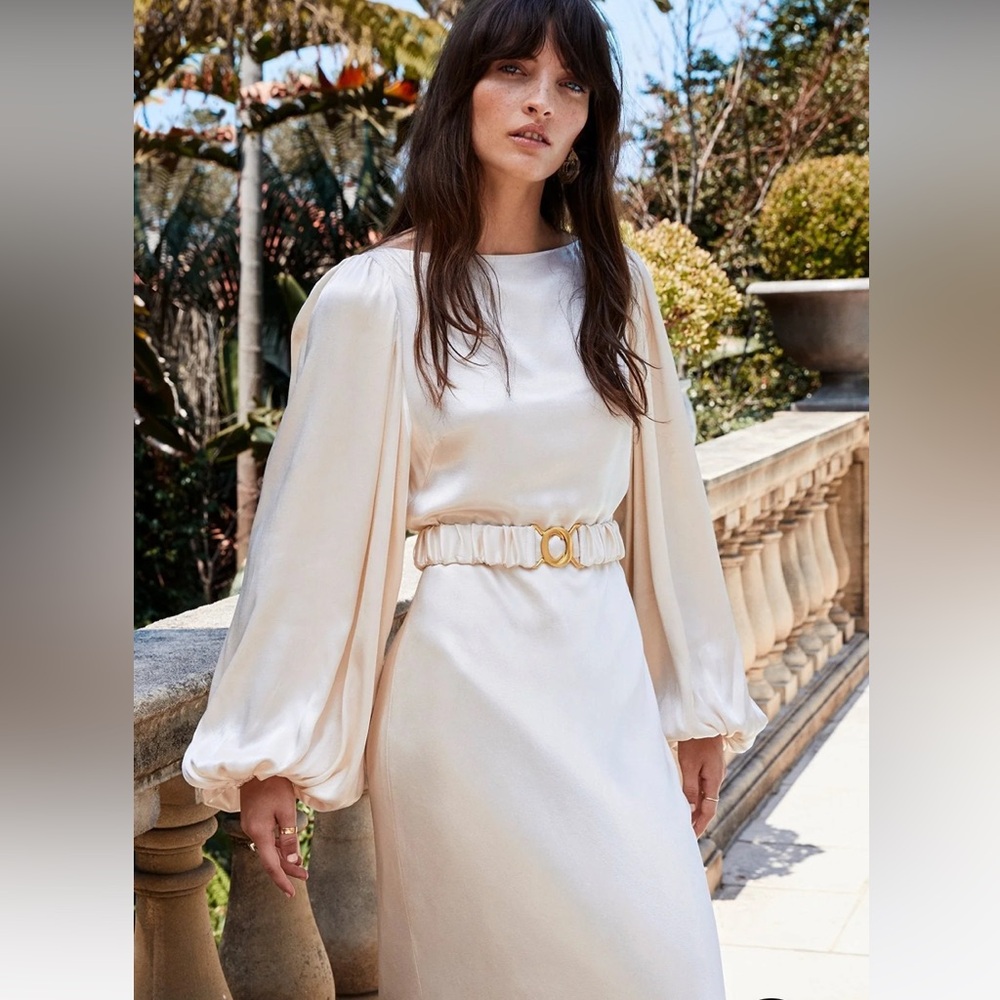 Shona Joy La Lune Balloon Sleeve Midi Dress with Belt in Cream